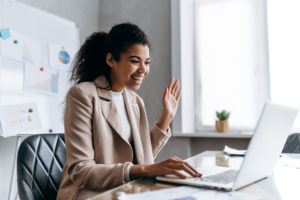 business woman communicates by video conference